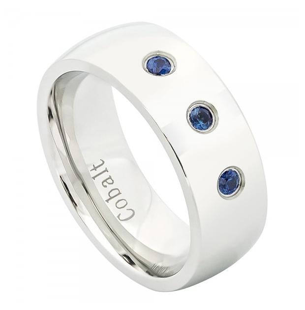 High Polished Domed Cobalt Ring With Three 0.07 Ctw Blue Sapphire Stones - 8mm, <b>size: 10</b>