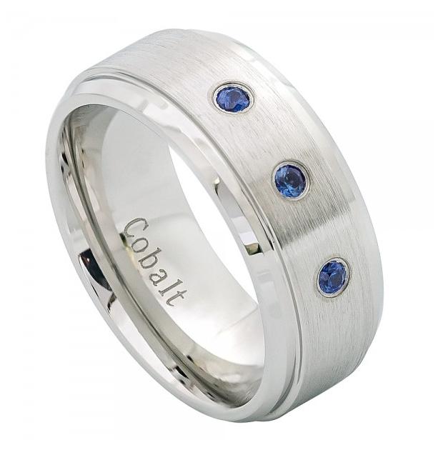 Brushed Center Cobalt Ring With Three 0.07 Ctw Blue Sapphire Stones And High Polished Step Beveled Edge - 9mm, <b>size: 10</b>