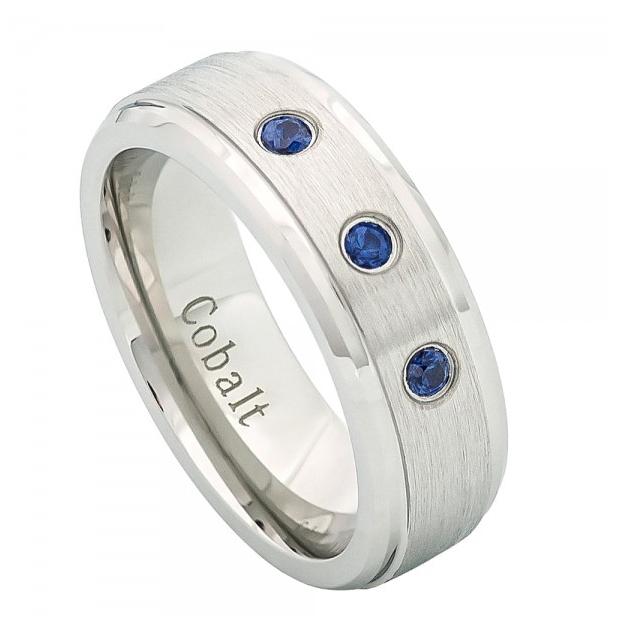 Brushed Center Cobalt Ring With Three 0.07 Ctw Blue Sapphire Stones And High Polished Step Beveled Edge - 7mm, <b>size: 5</b>