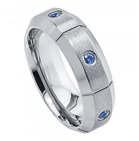 Titanium Ring With Six 0.07 Ctw Blue Sapphires Brushed Center Multiple Vertical Grooves Beveled Edge - 7mm, <b>size: 10</b>