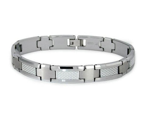 High Polished Tungsten Carbide With Carbon Fiber Designer Link Bracelet With Gray Carbon Fiber Inlay