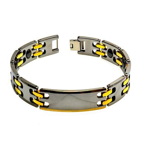 Two Tone High Polished Tungsten Carbide And Yellow Gold Plated Men's Magnetic Ion Id Bracelet