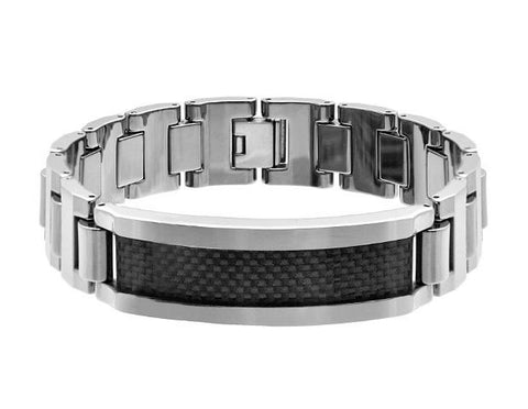 Tungsten Carbide High Polish Heavy Designer Link Id Bracelet With Black Carbon Fiber Inlay - 16mm X 8 Inches