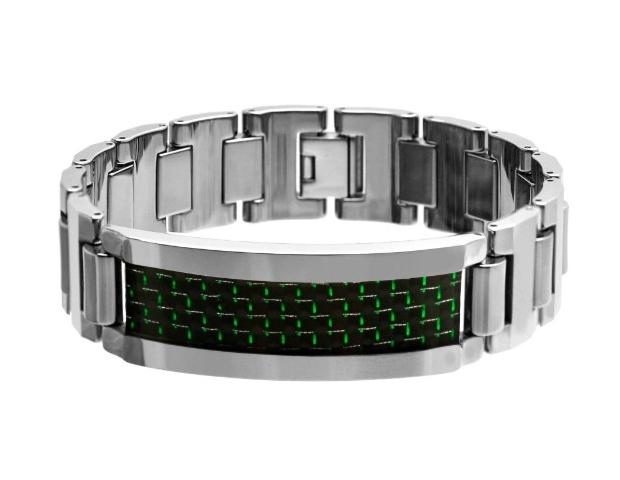 Tungsten Carbide High Polish Heavy Designer Link Id Bracelet With Green & Black Carbon Fiber Inlay