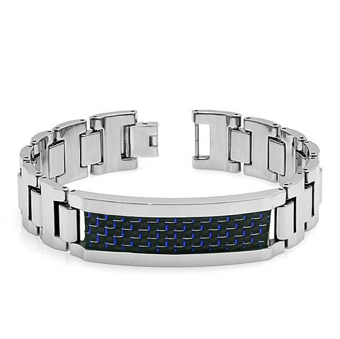 High Polish Tungsten Carbide Bracelet With Blue & Black Carbon Fiber Inlay