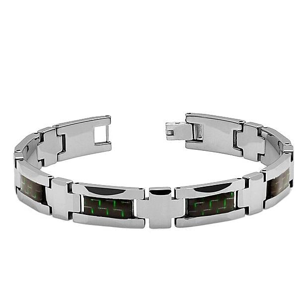 High Polish Green & Black Carbon Fiber Inlaid Tungsten Carbide Bracelet