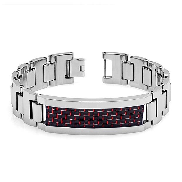 Tungsten Carbide High Polish Heavy Designer Link Id Bracelet With Red & Black Carbon Fiber Inlay