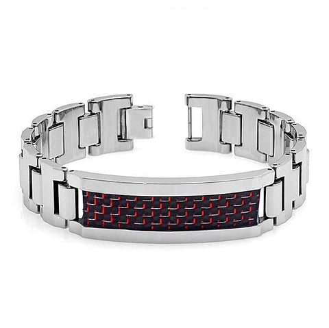 Tungsten Carbide High Polish Heavy Designer Link Id Bracelet With Red & Black Carbon Fiber Inlay