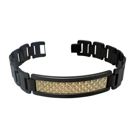 Black Enamel Plated High Polish Tungsten Carbide Bracelet With Gold Tone Carbon Fiber Inlay