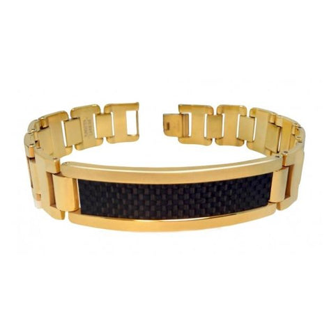 Yellow Gold Plated High Polish Tungsten Carbide Id Bracelet With Black Carbon Fiber Inlay