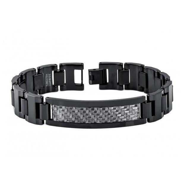 Black Enamel Plated High Polish Tungsten Carbide Id Bracelet With Charcoal Gray Carbon Fiber Inlay