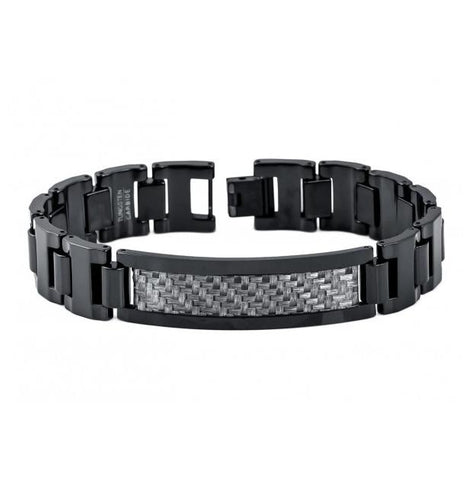 Black Enamel Plated High Polish Tungsten Carbide Id Bracelet With Charcoal Gray Carbon Fiber Inlay