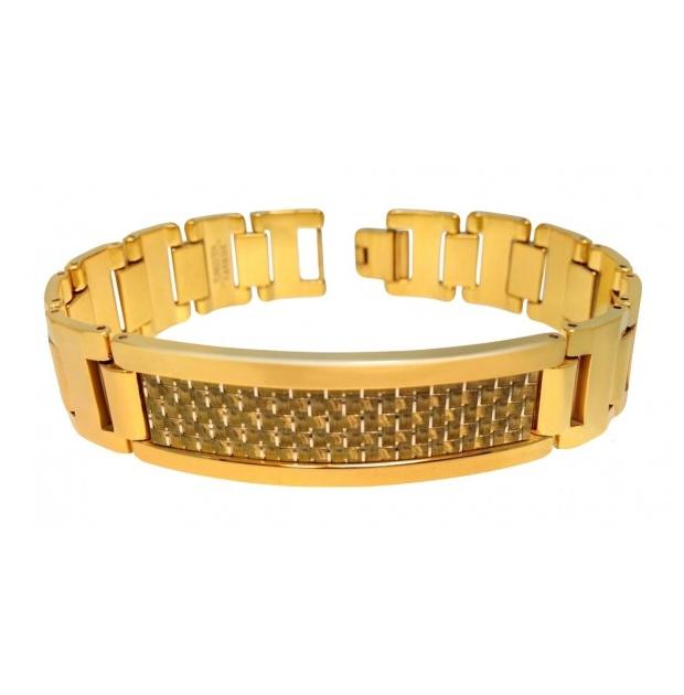 Yellow Gold Plated High Polish Tungsten Carbide Id Bracelet With Gold Tone Carbon Fiber Inlay