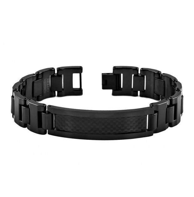 Black Enamel Plated High Polish Tungsten Carbide Id Bracelet With Black Carbon Fiber Inlay