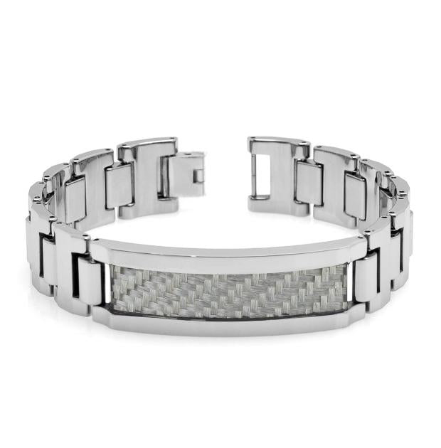 Tungsten Carbide High Polish Heavy Designer Link Id Bracelet With Dark Grey Carbon Fiber Inlay