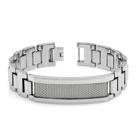 Tungsten Carbide High Polish Heavy Designer Link Id Bracelet With Light Grey Carbon Fiber Inlay