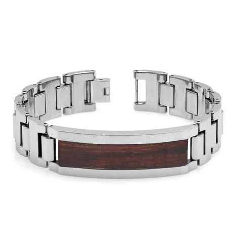 Tungsten Carbide High Polish Heavy Designer Link Id Bracelet With Santos Rosewood Inlay