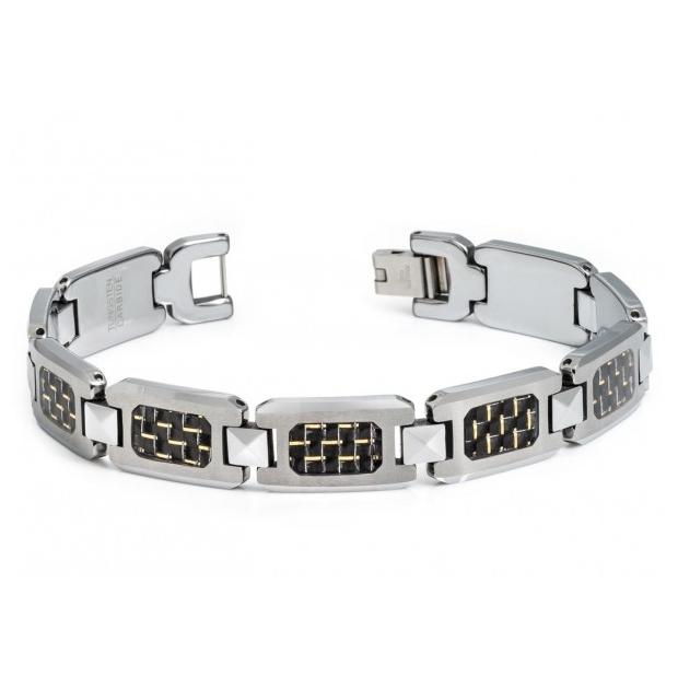 High Polished Tungsten Carbide H-link Bracelet With Black & Golden Carbon Fiber Inlay