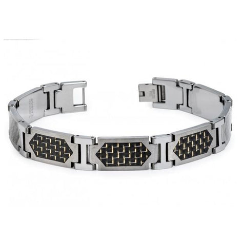 High Polished Tungsten Carbide Bracelet With Hexagon-shaped Black & Golden Carbon Fiber Inlay