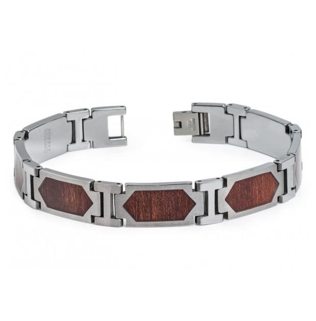 High Polished Tungsten Carbide Bracelet With Hexagon-shaped Hawaiian Koa Wood Inlay