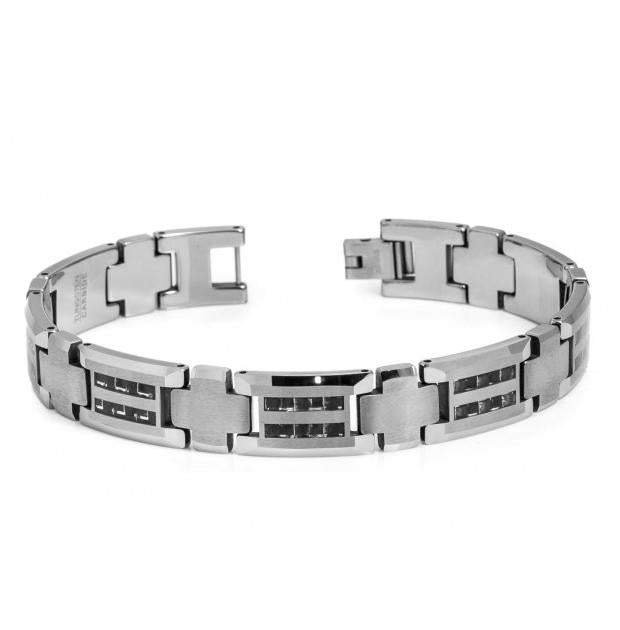 High Polished Tungsten Carbide Bracelet With Striped Black & Silver Color Carbon Fiber Inlay