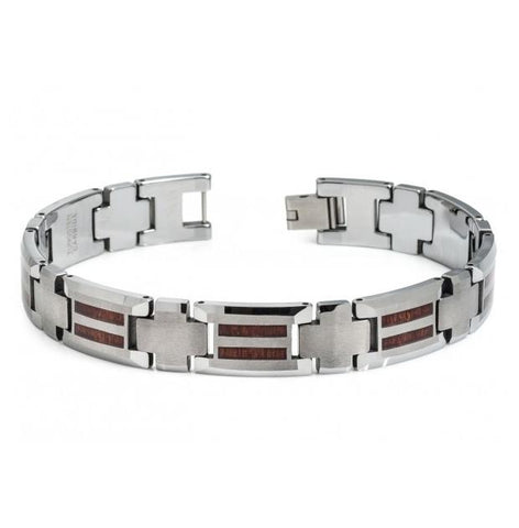 High Polished Tungsten Carbide Bracelet With Striped Hawaiin Koa Wood Inlay