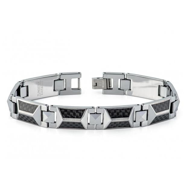 High Polished Tungsten Carbide Bracelet With Trapezoid-shaped Black Carbon Fiber Inlay