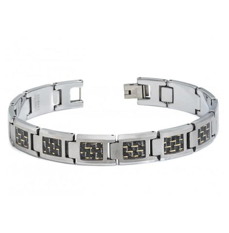 High Polished Tungsten Carbide Bracelet With Square-shaped Black & Golden Carbon Fiber Inlay