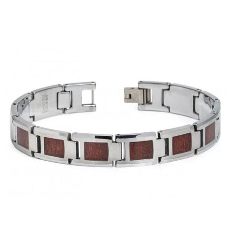 High Polished Tungsten Carbide Bracelet With Square-shaped Hawaiian Koa Wood Inlay