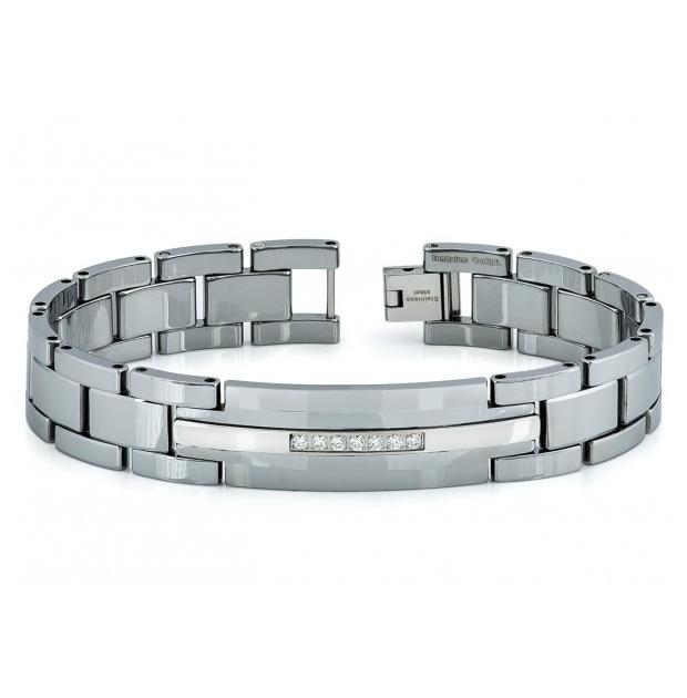 High Polished Tungsten Carbide Id Bracelet With 7 Czs Inlay