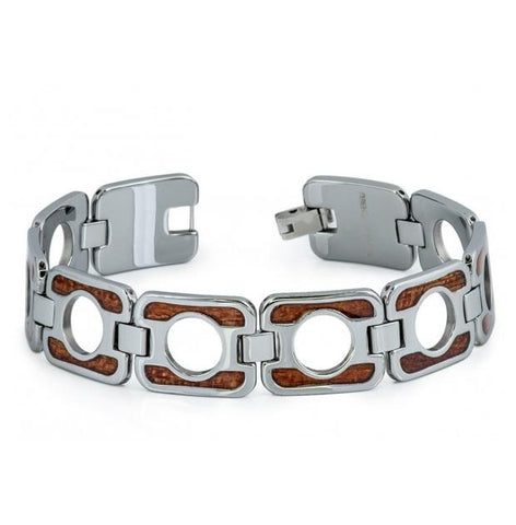 High Polish Tungsten Carbide Bracelet Peek-a-boo Links With Hawaiian Koa Inlay