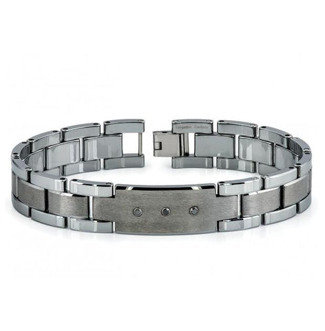 Brushed & High Polished Tungsten Carbide Id Bracelet With Three 0.07 Ctw Black Diamond