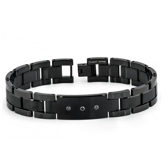 Brushed Finish Black Enamel Plated Tungsten Carbide Id Bracelet With Three 0.07 Ctw Black Diamond