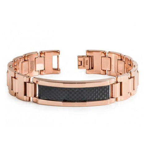 Rose Gold Plated High Polish Tungsten Carbide Id Bracelet With Black Carbon Fiber Inlay