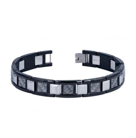 High Polished Black Ip Tungsten Carbide & Stainless Links Bracelet With Gray Carbon Fiber