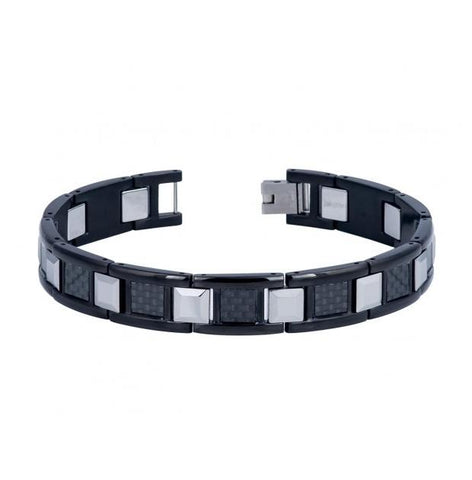 High Polished Black Ip Tungsten Carbide & Stainless Links Bracelet With Black Carbon Fiber