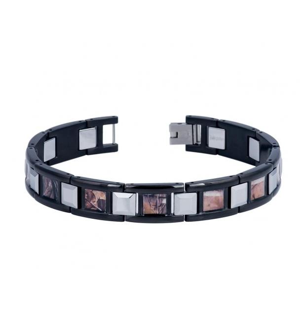 High Polished Black Ip Tungsten Carbide & Stainless Links Bracelet With Forest Floor Camo Carbon Fiber