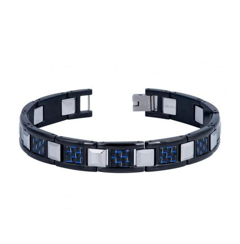 High Polished Black Ip Tungsten Carbide & Stainless Links Bracelet With Blue Carbon Fiber