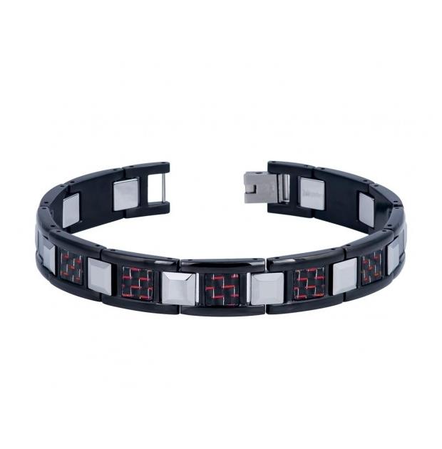 High Polished Black Ip Tungsten Carbide & Stainless Links Bracelet With Red Carbon Fiber