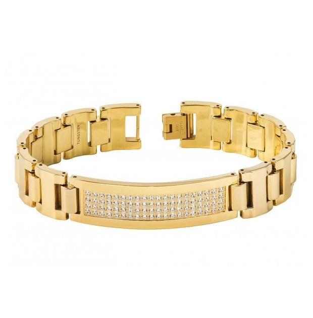 Yellow Gold Ip Tungsten Carbide High Polished Id Bracelet With 4 Rows Of White Czs (total 40 Cz)