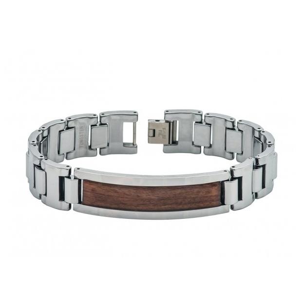 Tungsten Carbide High Polish Heavy Designer Link Id Bracelet With Mahogany Wood Inlay