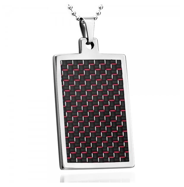 High Polish Tungsten Carbide Dog Tag Pendant With Red & Black Carbon Fiber Inlay