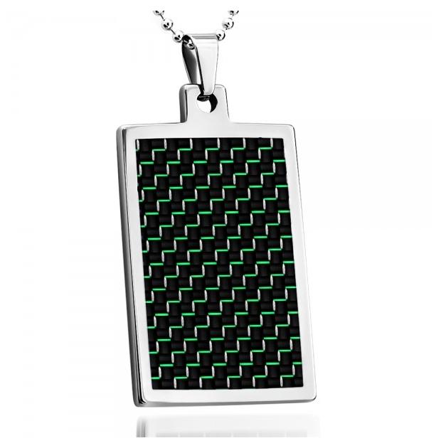 High Polish Tungsten Carbide Dog Tag Pendant With Green & Black Carbon Fiber Inlay