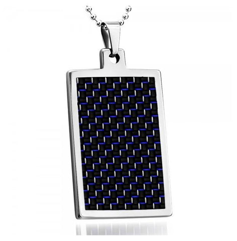 High Polish Tungsten Carbide Dog Tag Pendant With Blue & Black Carbon Fiber Inlay