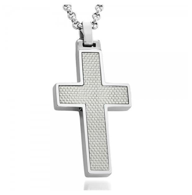 High Polish Cross Pendant With Light Gray Carbon Fiber Inlay - Approx. 1" X 1.75"