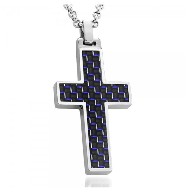 High Polish Cross Pendant With Black & Blue Carbon Fiber Inlay