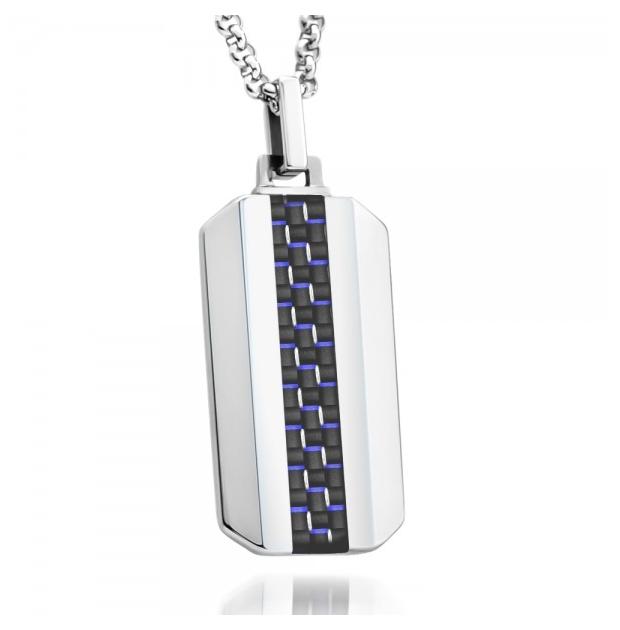 High Polish Dog Tag Pendant With Black & Blue Carbon Fiber Inlay