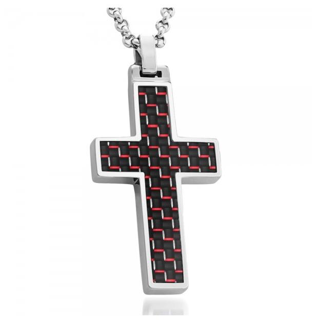 High Polish Cross Pendant With Black & Red Carbon Fiber Inlay