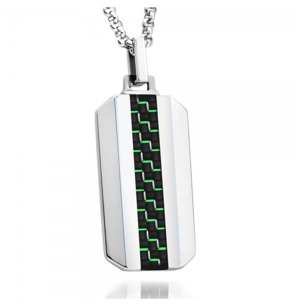 High Polish Dog Tag Pendant With Black & Green Carbon Fiber Inlay