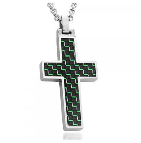 High Polish Cross Pendant With Black & Green Carbon Fiber Inlay